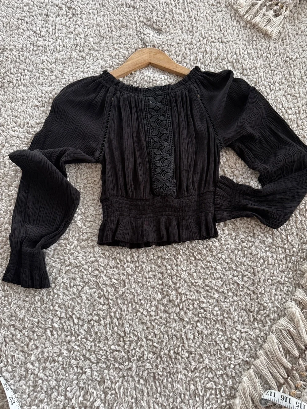 H&M Divided Women’s 0 Black Off Shoulder Crop Top Smocked Lace Long Sleeve